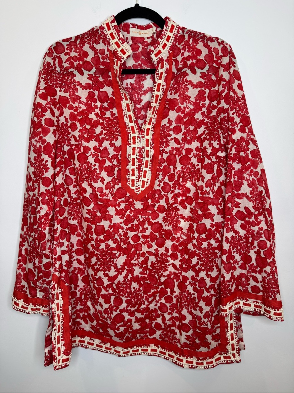 Tory Burch Tunic 12 Ribbon Embellished Cotton Red Floral Long Sleeve resortwear